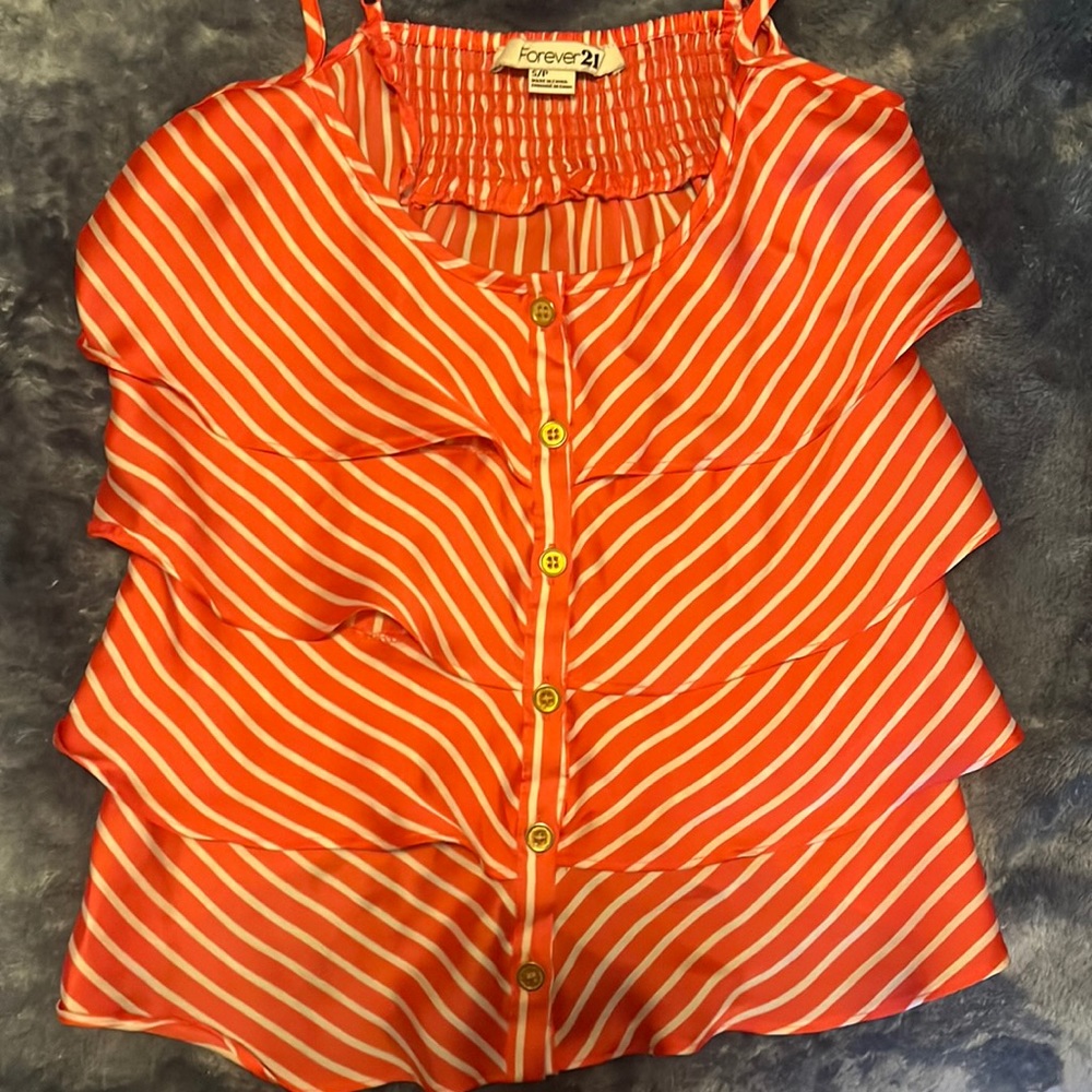 Coral and white striped tank with ruffles